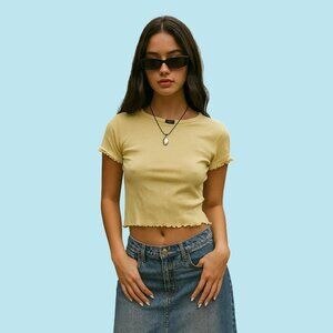 Forever 21 Yellow Ribbed Lettuce-Hem Crop Top – Size S